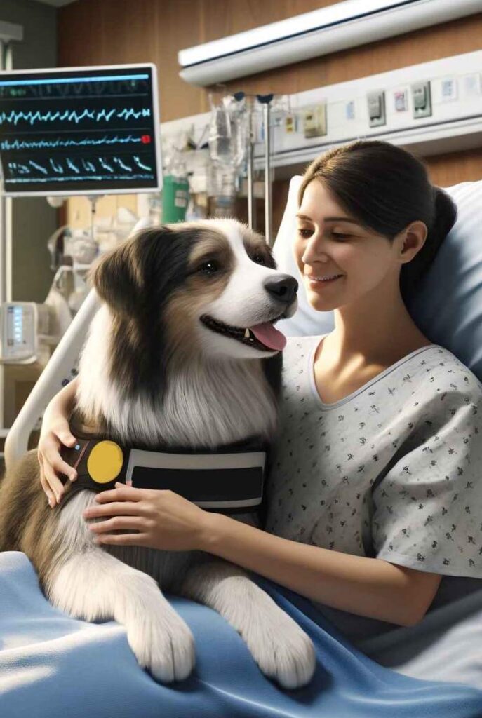 A border collie therapy dog comforting a hospital patient. The hospital patient is smiling and hugging the therapy dog.