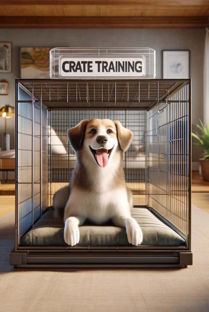 A tricolor dog laying down and smiling on a dog bed in a crate. The crate is placed in the middle of a living room. The dog is currently doing crate training with Merritt Dog Training in Charlotte North Carolina.