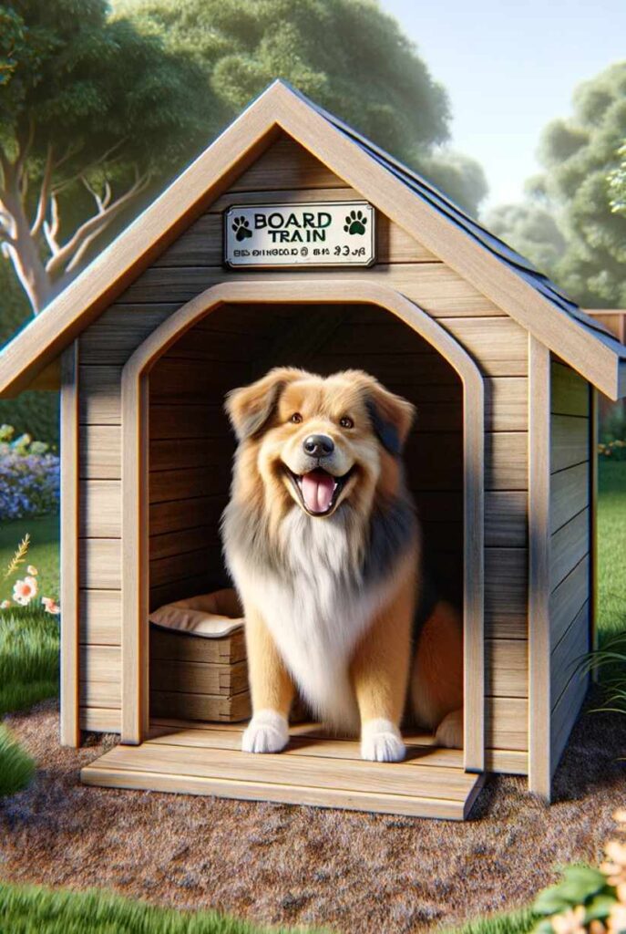 a happy brown, white and black border collie sitting and smiling in a dog house. The dog house is placed in the backyard of a house. The border collie is currently doing a board and train program in Charlotte North Carolina