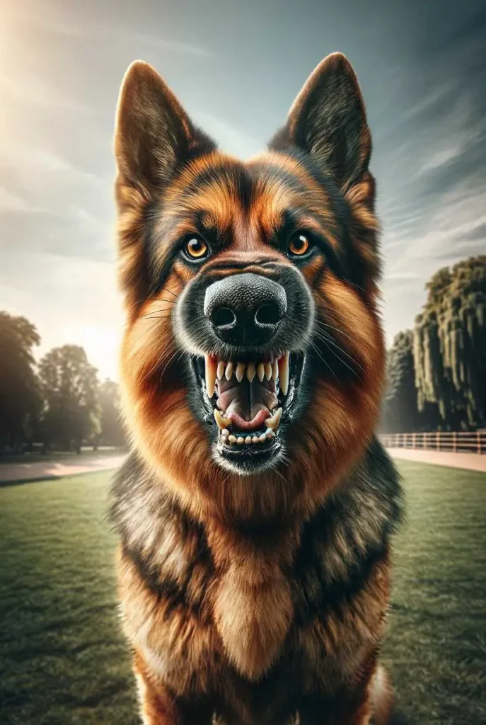 Aggressive German Shepherd standing in a park baring its teeth at the camera while doing aggressive dog training