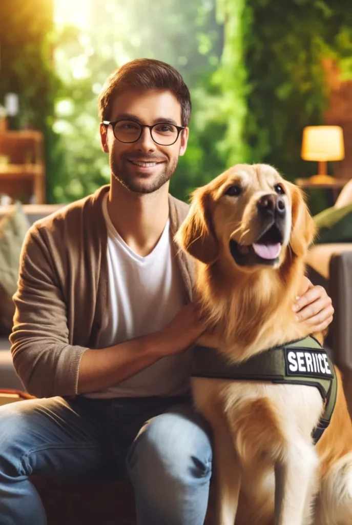 Emotional Support Service Dog comforting his owner while doing emotional support service dog training. The man is sitting down on a couch in a living room while petting his golden retriever service dog.