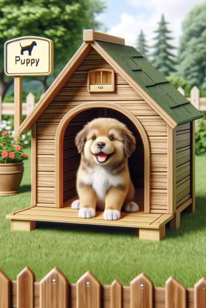 Animated image of a happy puppy sitting and smiling in a dog house in a backyard while doing a puppy board and train program with Merritt Dog Training in Charlotte North Carolina.