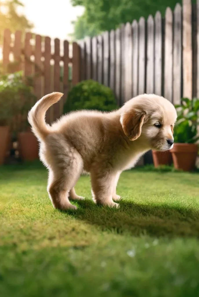 Golden Retriever puppy sitting down while getting potty trained in a backyard with Merritt Dog Training.