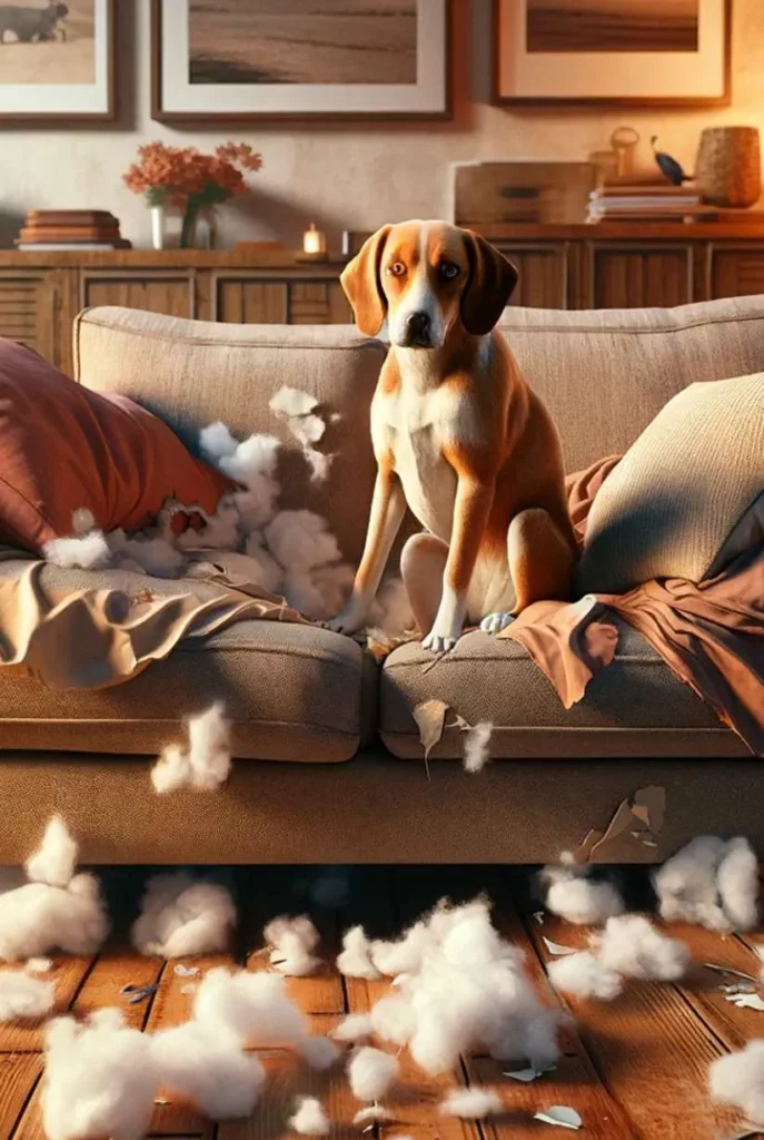 Sad dog with separation anxiety sitting on a couch in a living room with destroyed pillows all around it while doing separation anxiety training.